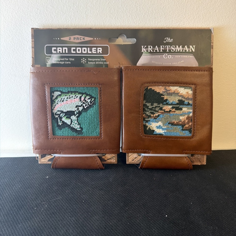 THE KRAFTSMAN 2 Pr Needlepoint 12oz Beer Can Coolers Fish Trout River Scene NWT